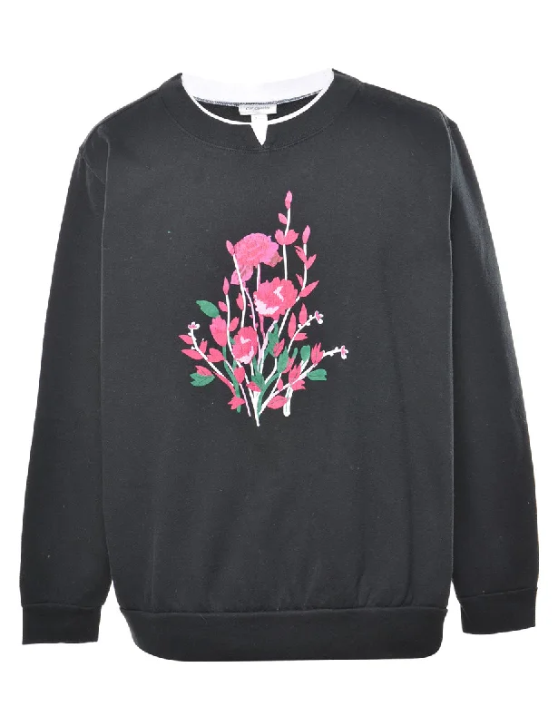 Floral Printed Sweatshirt - XL Hoodie with Rolled Sleeves Casual Relaxed