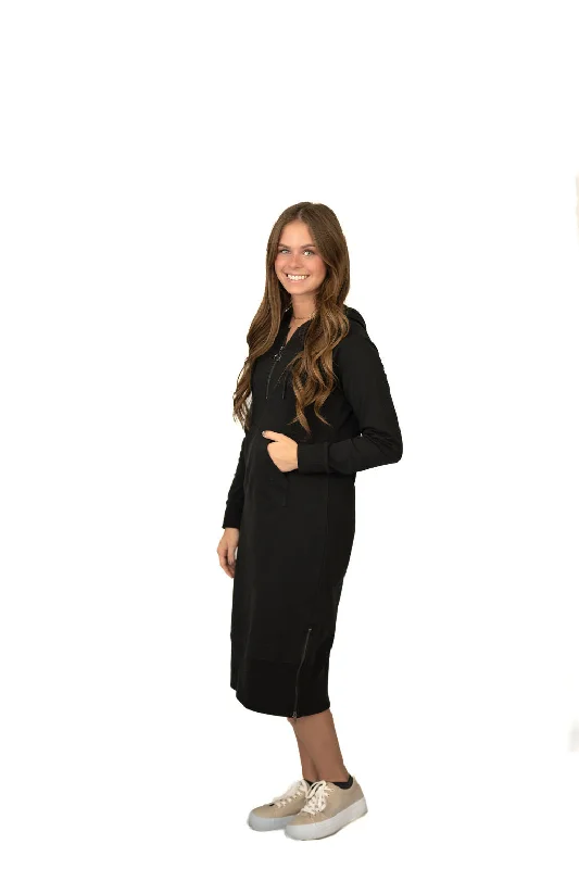 Zip Neck Sweatshirt Dress - Black Graphic Hoodie Design Print