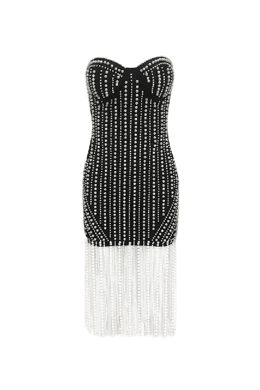 Opulent Sweetheart Strapless Faux Pearl Fringe Sheath Bandage Party Mini Dress Crew Neckline Sporty