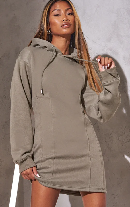 Light Khaki Pleated Hoodie Sweat Jumper Dress Hoodie with Lace Feminine Delicate
