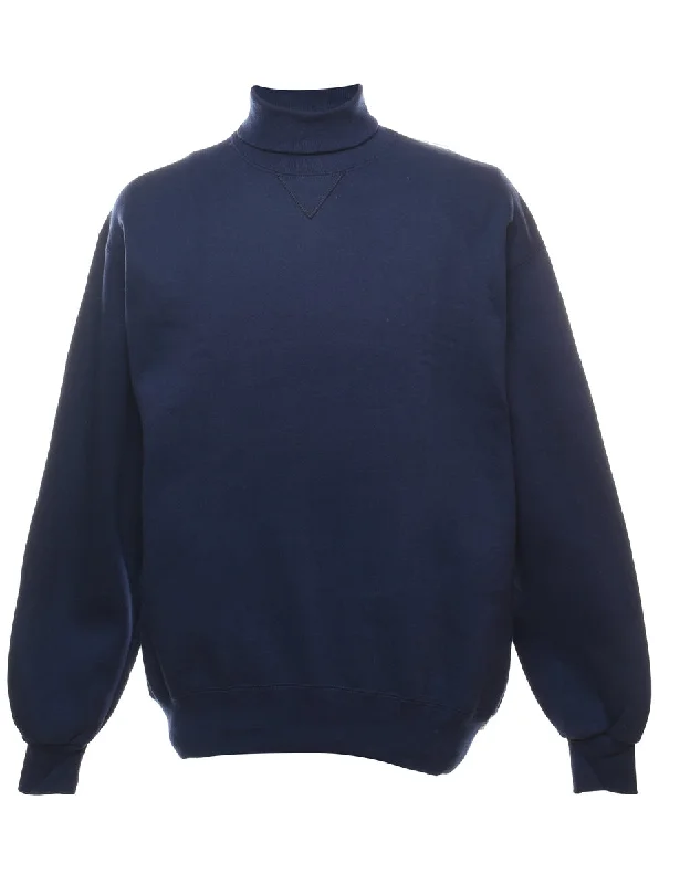 Russell Athletic Plain Navy High Neck Navy Sweatshirt - L Hoodie with Metallic Shiny Futuristic