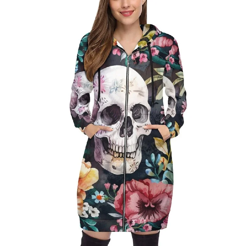 Women's Hooded Sweatshirt Dress! Featuring A Skull Floral design And Long Sleeves Hoodie with Snap Buttons Easy Quick Women's Hooded Sweatshirt Dress! Featuring A Skull Floral design And Long Sleeves Hoodie with Snap Buttons Easy Quick