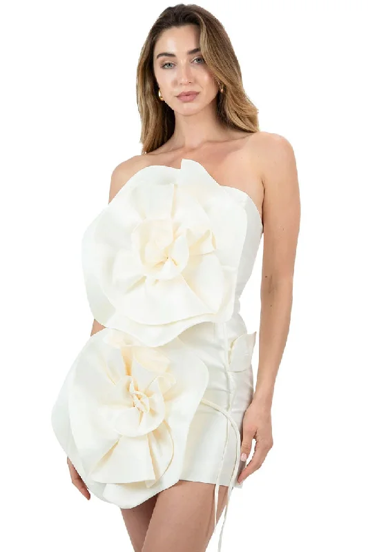 Silky Oversized 3D Rosette Strapless Lace Up Back Satin Party Mini Dress - Beige Tunics Evening elegant Silky Oversized 3D Rosette Strapless Lace Up Back Satin Party Mini Dress - Beige Tunics Evening elegant