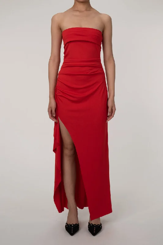 Minimalist Pleated Strapless Gathered High Split Summer Evening Maxi Dress Tunics Stylish elegant Minimalist Pleated Strapless Gathered High Split Summer Evening Maxi Dress Tunics Stylish elegant