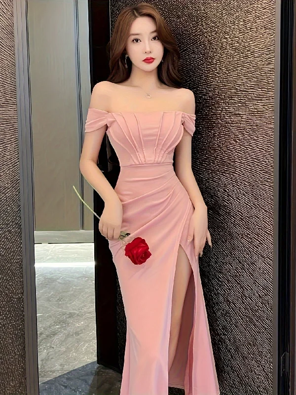 Women's Off-Shoulder One-Shoulder High-Slit Mermaid Gown, Pink Evening Dress, Bridal Bridesmaid Dress, Polyester, Solid Color, Cross-Over Hem, Seasonal, Adult, 250g Weight, Woven Fabric A-Line Day Work Women's Off-Shoulder One-Shoulder High-Slit Mermaid Gown, Pink Evening Dress, Bridal Bridesmaid Dress, Polyester, Solid Color, Cross-Over Hem, Seasonal, Adult, 250g Weight, Woven Fabric A-Line Day Work