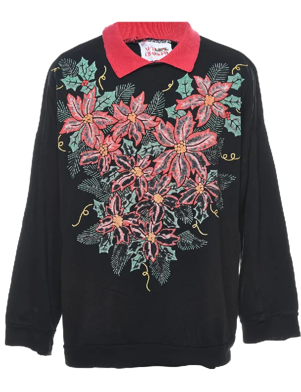 Floral Christmas Sweatshirt - L Hoodie with V-Neck Classic Versatile