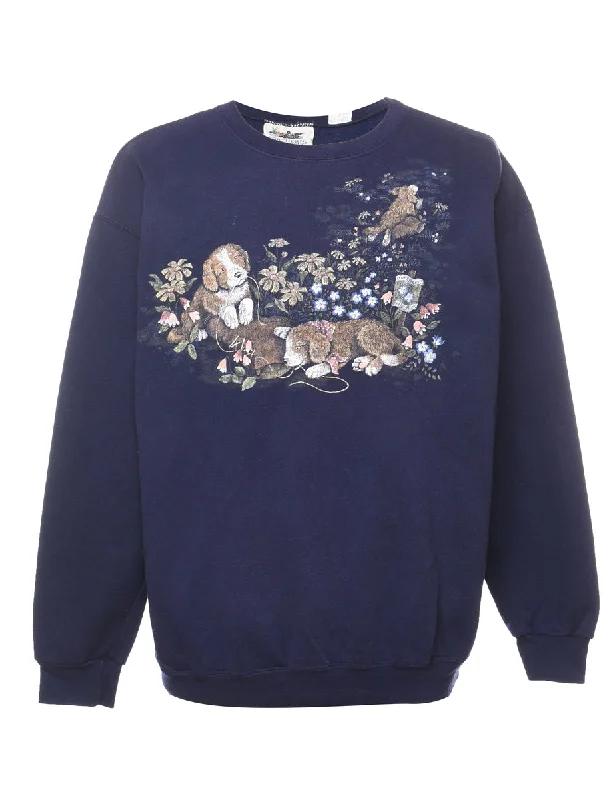 Navy Dog Animal Sweatshirt - L Hoodie with Patch Decorative Personalized