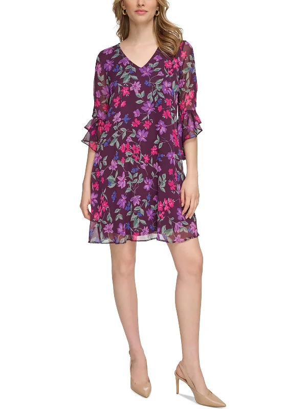Womens Mini Floral Print Shift Dress Tunics stripes playful