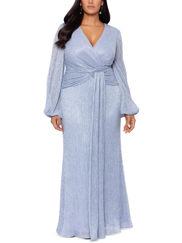 Plus Womens Metallic Crinkled Evening Dress empire Waist empire