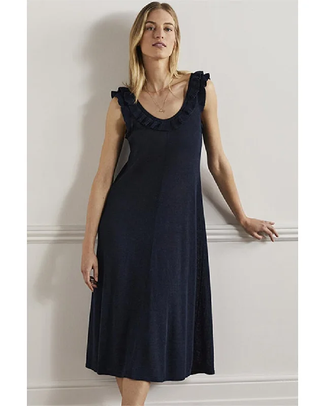 Boden Frill Neck Knit Linen-Bend Midi Dress Tunics Stylish elegant