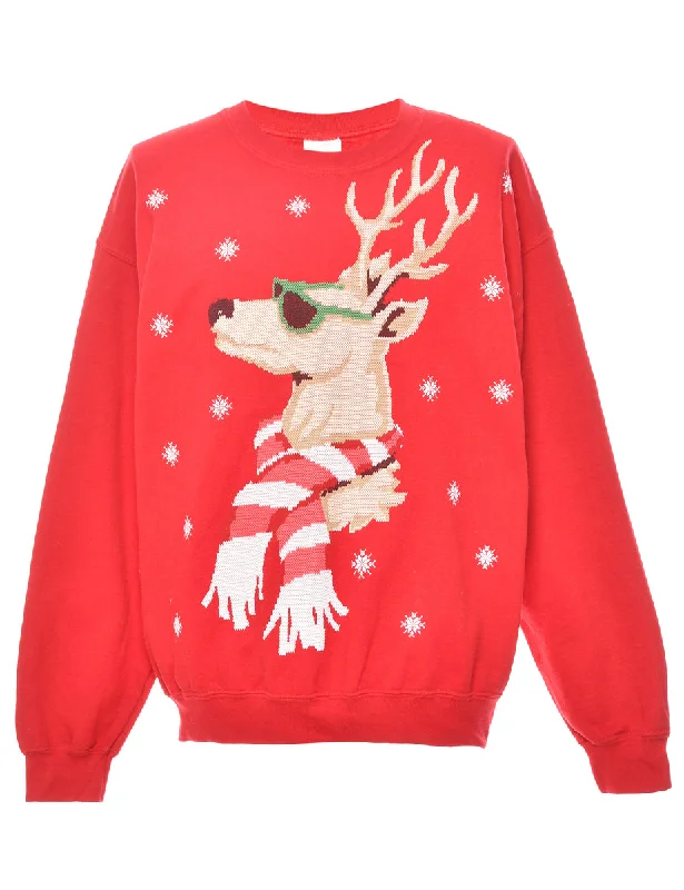 Red Reindeer Sweatshirt - L Oversized Hoodie Comfort Casual