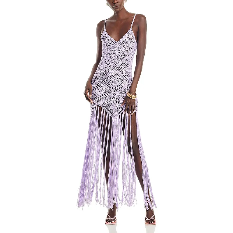 Womens Crochet Fringe Maxi Dress Tunics Silk luxurious