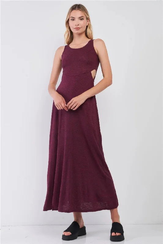Wine Sleeveless Round Neck Crochet Back Detail Cut-Out Maxi Dress Tunics Lace romantic