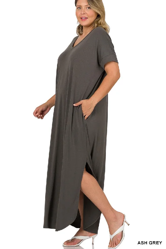 V Neck Short Sleeve Maxi Dress with Side Slits Plus Tunics Distressed trendy