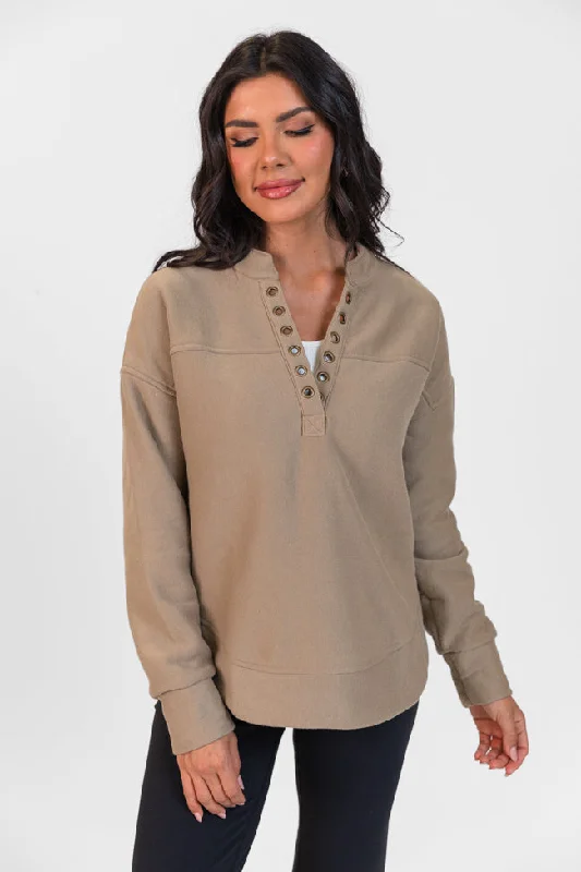 No Competition Taupe Gromet Detail Sweatshirt FINAL SALE Hoodie Jacket Zipper Layering