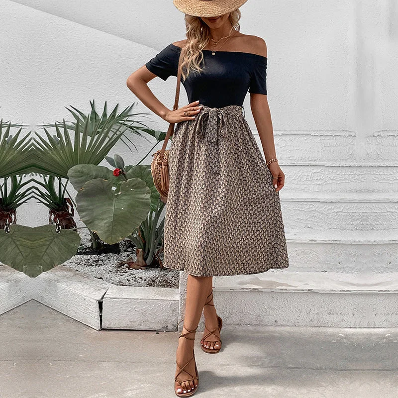 IKEARLAX New New summer new 2025 2025 trade women's cross-border one-word shoulder contrasting color slim dress Pencil Office Professional IKEARLAX New New summer new 2025 2025 trade women's cross-border one-word shoulder contrasting color slim dress Pencil Office Professional