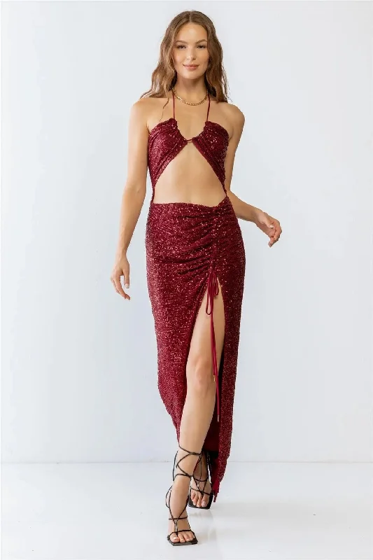 Sequin Halter Neck Sleeveless Cut-Out Ruched Detail Maxi Dress Tunics Business professional