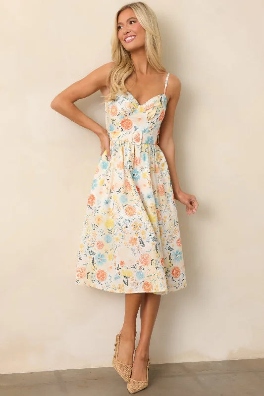 Garden Harvest Ivory Floral Belted Cotton Midi Dress Tunics Review highly