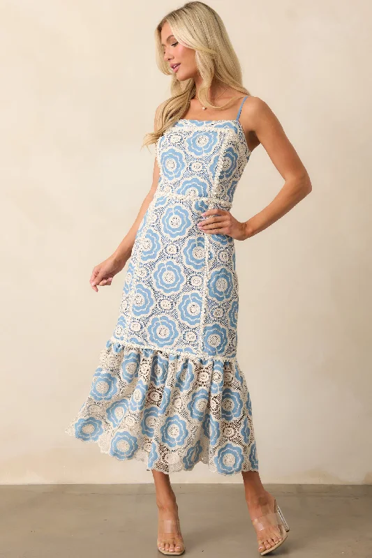 Simply Gorgeous Light Blue Embroidered Eyelet Midi Dress Crew Neckline Sporty