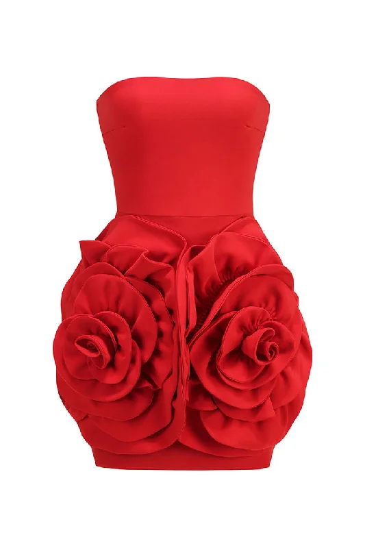 Blooming 3D Rosette Embellished Strapless Bodycon Crepe Party Mini Dress sweetheart Neckline Romantic Blooming 3D Rosette Embellished Strapless Bodycon Crepe Party Mini Dress sweetheart Neckline Romantic