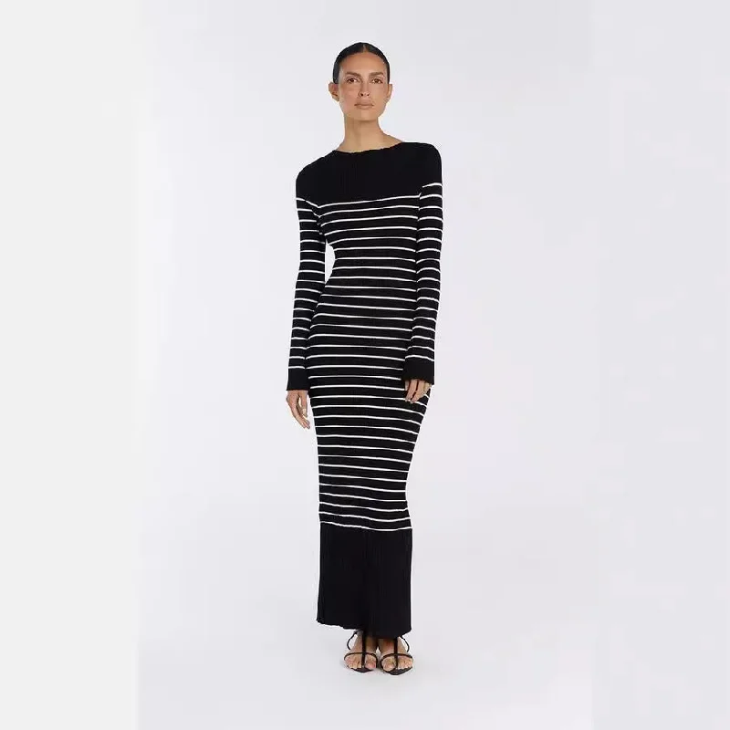 IKEARLAX European, American autumn and winter new cross-border women's clothing fashionable and elegant crew neck dress striped dress long dress Tunics Versatile functional IKEARLAX European, American autumn and winter new cross-border women's clothing fashionable and elegant crew neck dress striped dress long dress Tunics Versatile functional