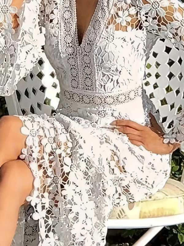 Guipure Lace V Neck Cocktail Dress, Elegant Long Sleeve Sheath Evening Dress For Party & Banquet, Women's Clothing Tunics Short Trendy