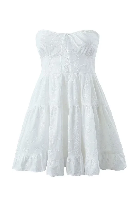 Cute Floral Embroidered Bow Tie Strapless Smocked Tiered Party Mini Dress Tunics Plaid country