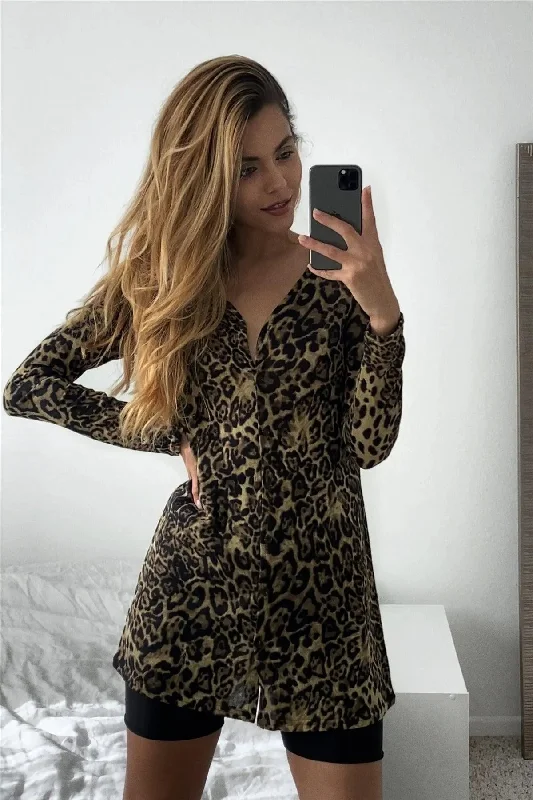 Leopard Print Long Sleeve Button Down Mini Dress Top /2-2-2 Tunics Office stylish