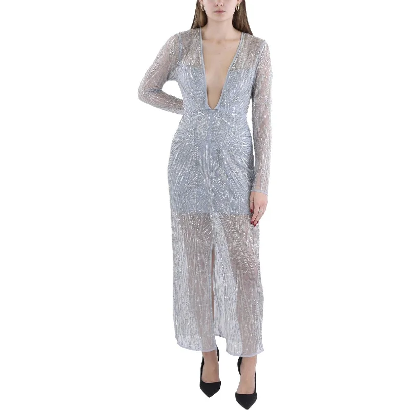 Womens Full Length Embellished Evening Dress Square Neckline Feminine