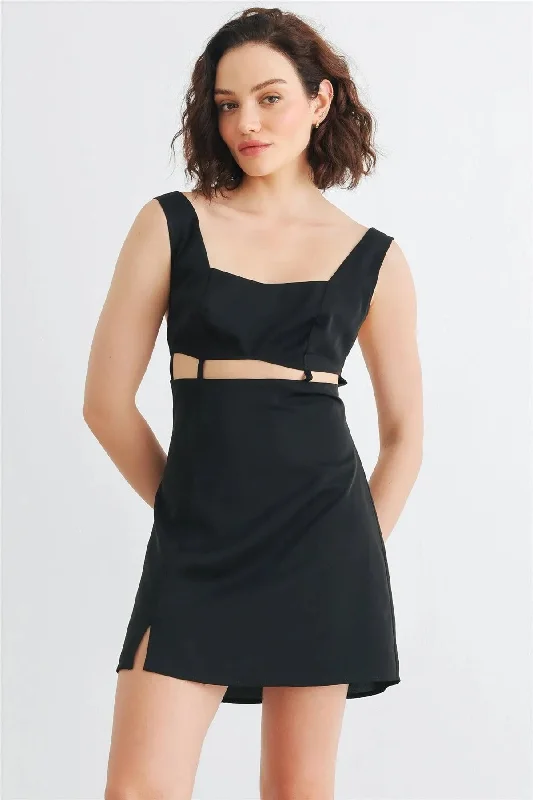 Black Sleeveless Cut-Out Detail Square Neck Back Criss-Cross Mini Dress /1-2-2-1 Tunics Running lightweight Black Sleeveless Cut-Out Detail Square Neck Back Criss-Cross Mini Dress /1-2-2-1 Tunics Running lightweight