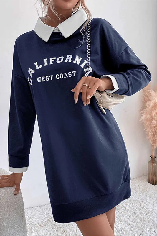 Lapel Patchwork Sweatshirt Dress Hoodie with Frayed Bohemian Relaxed