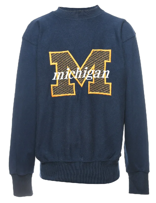 Navy & Yellow Michigan Appliqued & Embroidered Sweatshirt - M Hoodie with Distressed Vintage Worn Navy & Yellow Michigan Appliqued & Embroidered Sweatshirt - M Hoodie with Distressed Vintage Worn