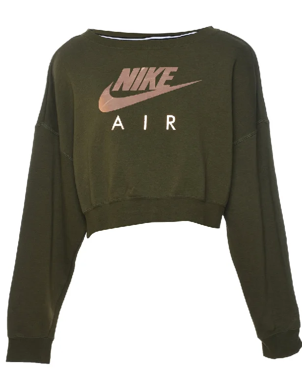 Nike Cropped Dark Green Printed Sweatshirt - M Hoodie with Back Slit Movement Comfort Nike Cropped Dark Green Printed Sweatshirt - M Hoodie with Back Slit Movement Comfort