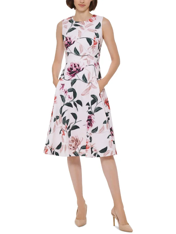 Womens Floral Print Crepe Fit & Flare Dress Tunics Chic fashionable