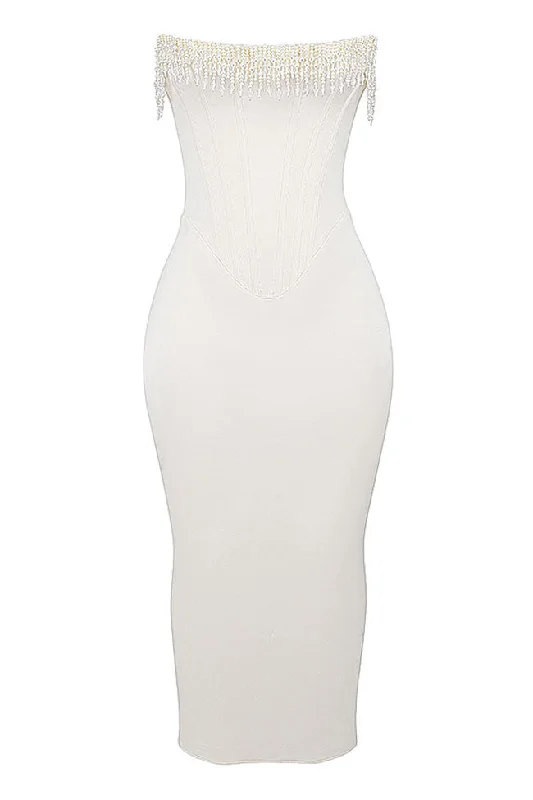 Luxurious Beaded Fringe Lace Up Corset Strapless Satin Cocktail Midi Dress Maxi Flowy Bohemian Luxurious Beaded Fringe Lace Up Corset Strapless Satin Cocktail Midi Dress Maxi Flowy Bohemian