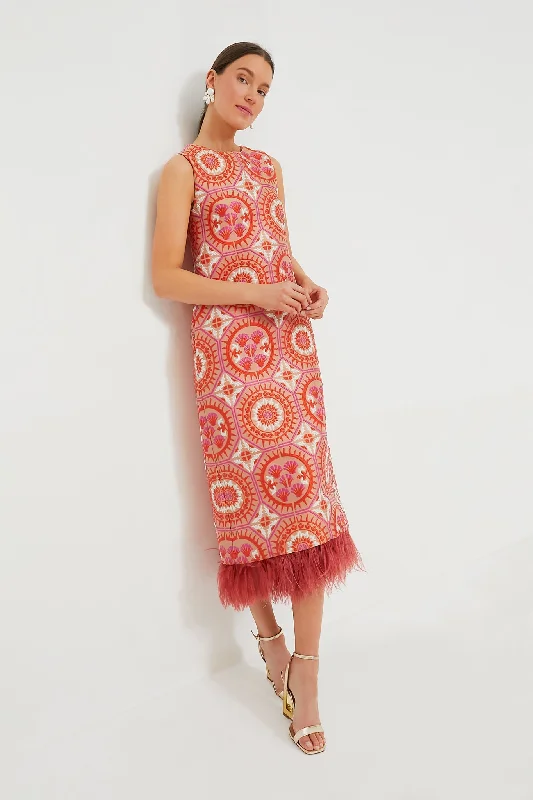 Sun Jacquard Column Dress with Feathers Tunics Luxurious high-end