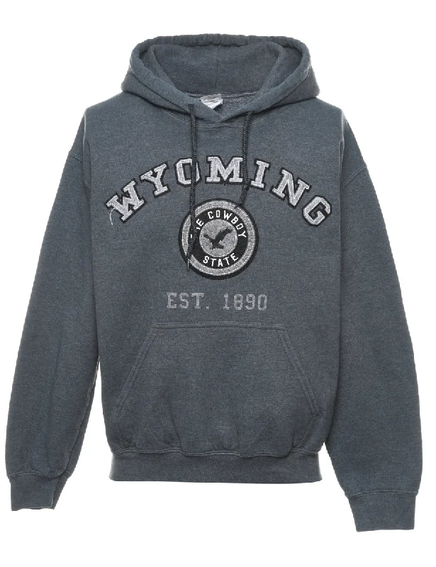 Grey Wyoming The Cowboy State Hoodie - M Hoodie with Hem Fringe Bohemian Relaxed