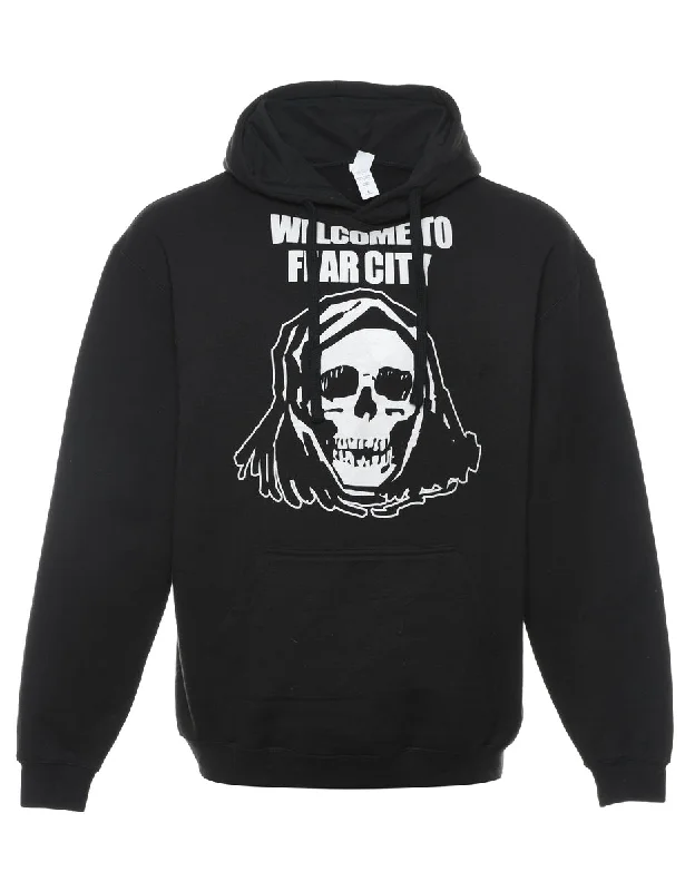 Black Welcome To Fear City Hoodie - L Hoodie with Hem Frayed Vintage Worn