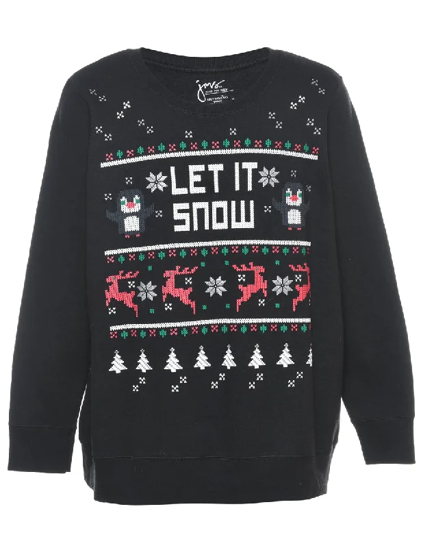 Festive Print Christmas Sweatshirt - XL Hoodie with Hem Contrast Bold Stylish