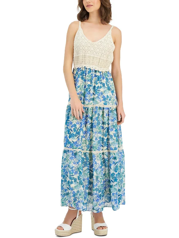 Womens Floral Print Crochet Maxi Dress Tunics Canvas sturdy