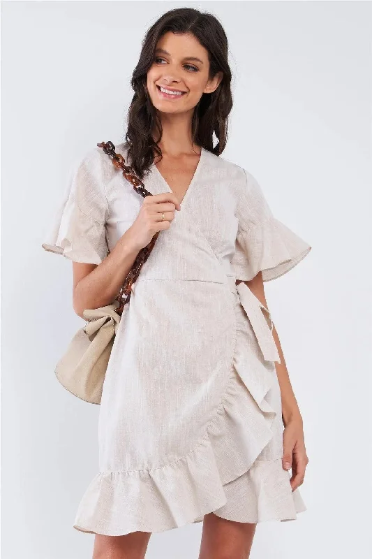 Tan Beige Deep Plunge V-Neck Ruffle Hem Self-Tie Waist Wrap Mini Dress Tunics Stylish elegant Tan Beige Deep Plunge V-Neck Ruffle Hem Self-Tie Waist Wrap Mini Dress Tunics Stylish elegant