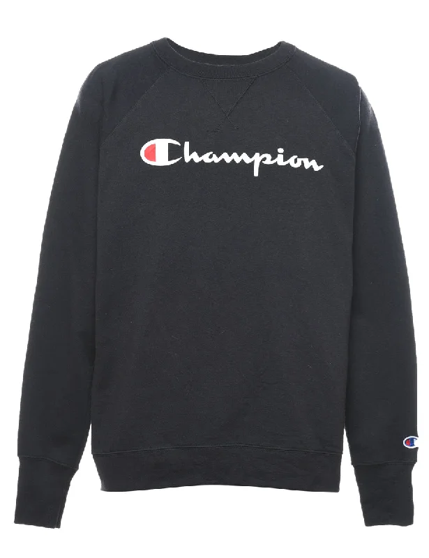 Champion Printed Black Sweatshirt - L Hoodie with Zipper Versatile Modern