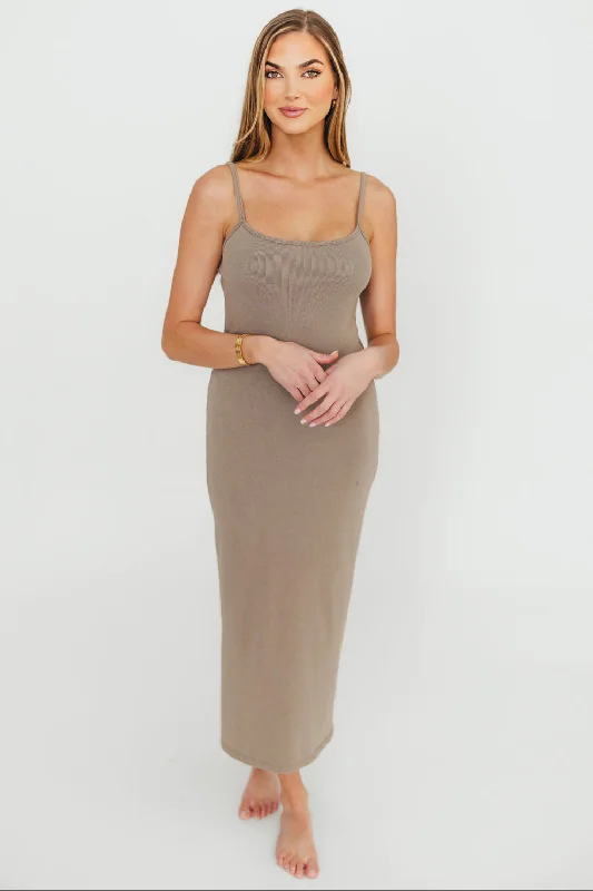 Alexa Ribbed Maxi Dress in Burnt Taupe Tunics Luxurious high-end