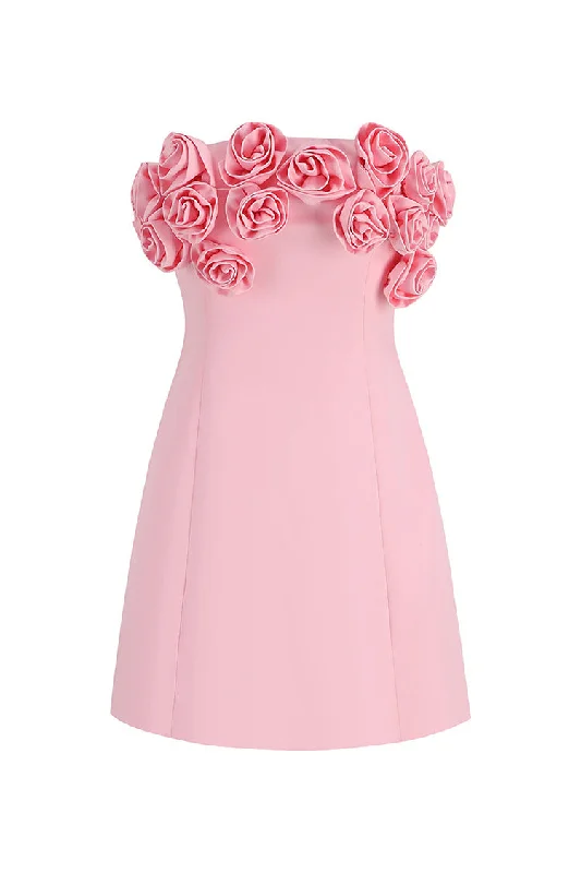 Romantic 3D Rosette Embellished Bandeau Lace Up Back Party Mini Dress Turtleneck Warm Winter Romantic 3D Rosette Embellished Bandeau Lace Up Back Party Mini Dress Turtleneck Warm Winter