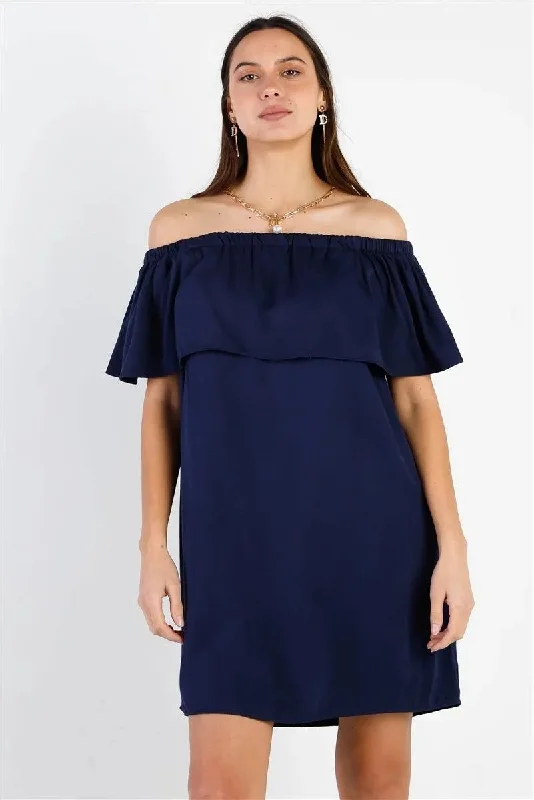 Off-The-Shoulder Neckline Ruffle Overlay Mini Dress Tunics Long Elegant