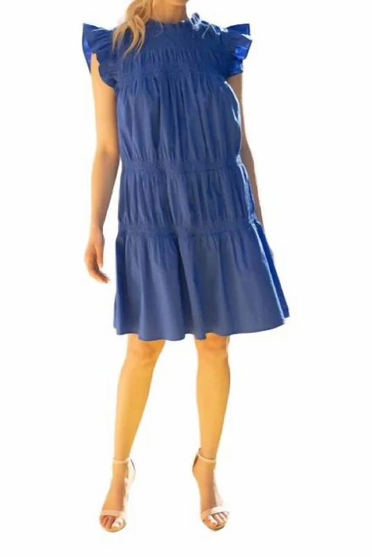 Smocking Layered Ruffle Poplin Dress In Blue Tunics Chic elegant