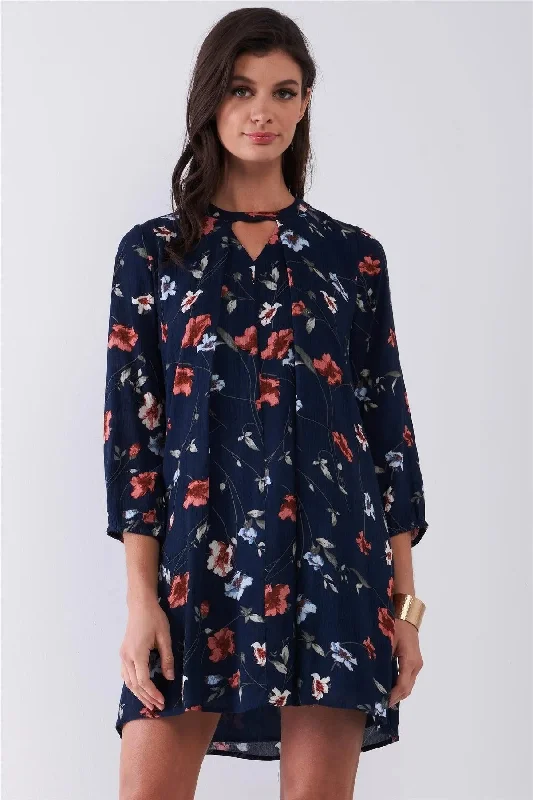 Navy Multicolor Floral Print Long Sleeve Pleated Front V-Neck Loose Mini Dress Elegant Long Evening Navy Multicolor Floral Print Long Sleeve Pleated Front V-Neck Loose Mini Dress Elegant Long Evening