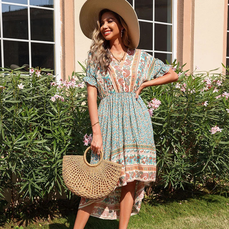 IKEARLAX Cross-border Summer Women's Clothing Printing Irregular Bohemian Dress Wholesale Tunics Formal black IKEARLAX Cross-border Summer Women's Clothing Printing Irregular Bohemian Dress Wholesale Tunics Formal black