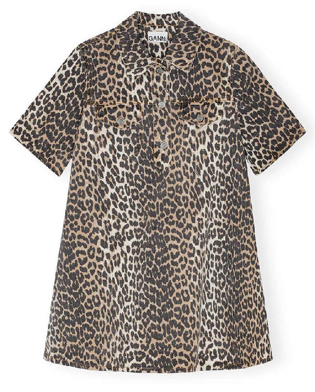 Print Denim Mini Dress Leopard Tunics Stylish elegant