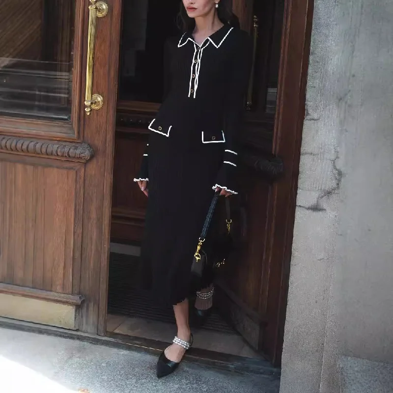 IKEARLAX Europe, America, autumn and winter new cross-border women's clothing ruffle edge knitted dress temperament small fragrant sweater dress Tunics Designer luxury IKEARLAX Europe, America, autumn and winter new cross-border women's clothing ruffle edge knitted dress temperament small fragrant sweater dress Tunics Designer luxury